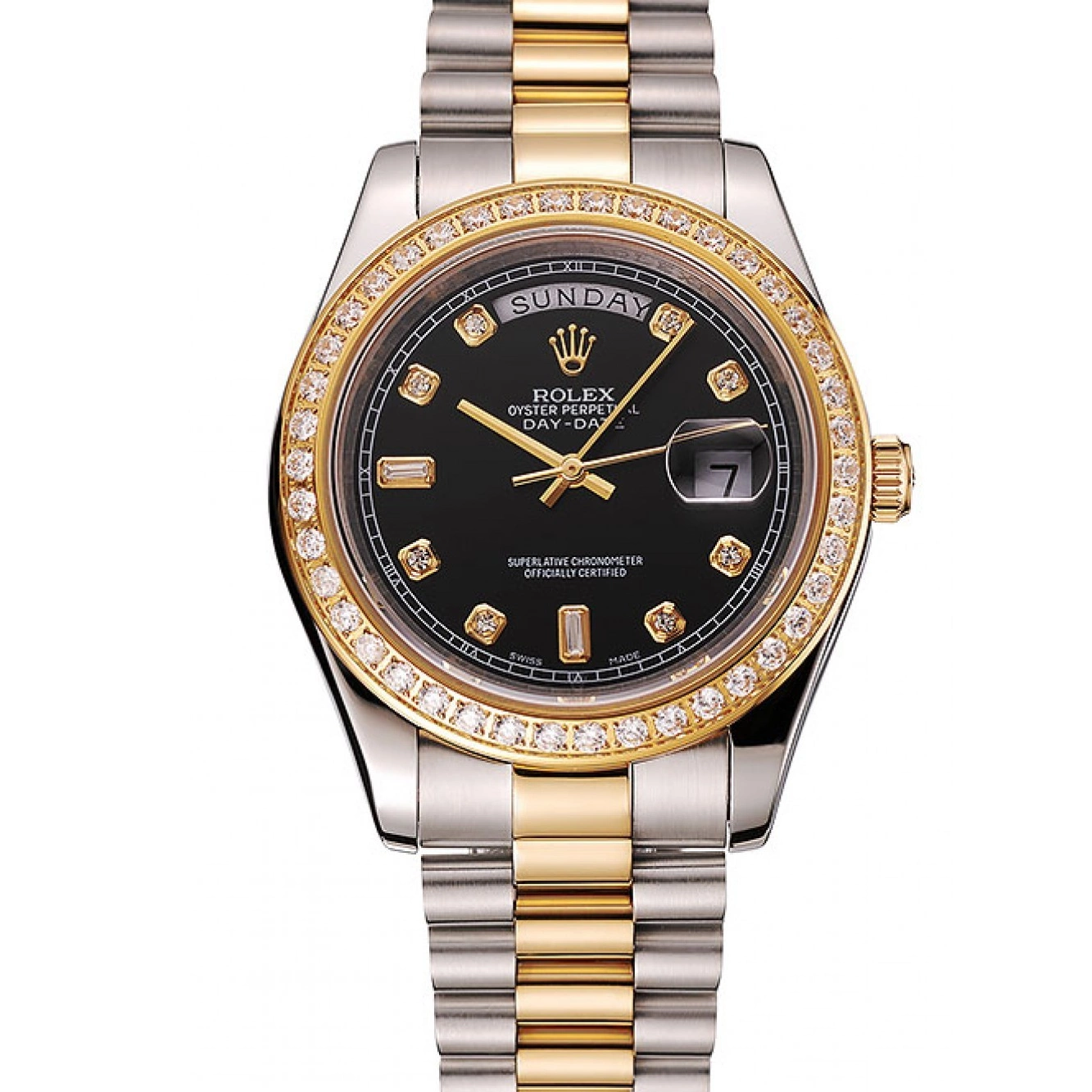Case Stainless Two Dial Day-Date Tone Black 1453976 Rolex Steel Swiss Bracelet Gold Diamond 0624